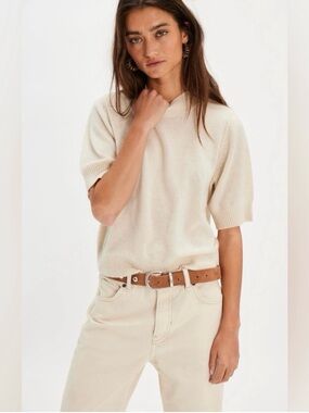 Free People Twilight Cashmere Short Sleeve Mock Neck Knit Sweater Top Cream XL